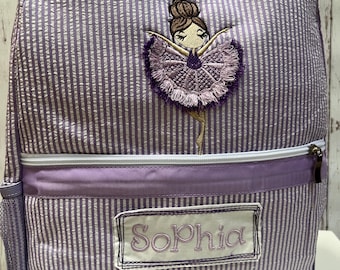 Personalized Purple Ballerina Backpack: Embroidered Seersucker Diaper Bag