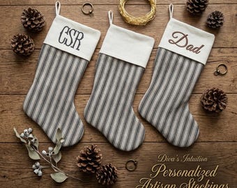 Personalized Artisan Ticking Stripe Christmas Stockings | Custom Embroidered Holiday Decor