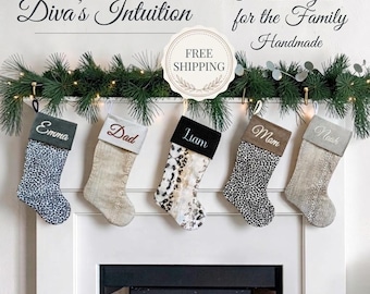Personalized Christmas Stockings, Custom Family Christmas Stocking, Handmade Leopard Cheetah Print Stocking, Neutral Modern Holiday Decor