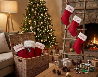 Personalized Red Chenille Christmas Stocking, Choose Your Cuff, Custom Name Embroidery, Holiday Tradition