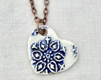 Blue and White Mandala Heart Necklace-Kim OHara Designs-Ceramic Jewelry