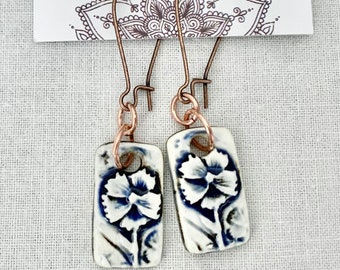 Blue  Flower Earrings-Kim O'Hara Designs-Ceramic Jewelry