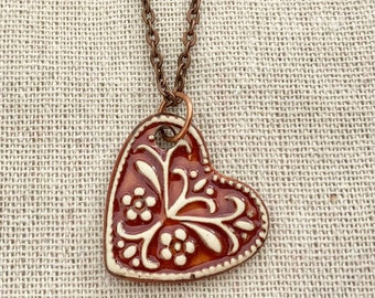 Crimson Folk Art Heart Necklace-Kim OHara Designs-Ceramic Jewelry