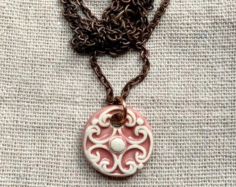 Small Dusty Rose Ornate Necklace-Kim OHara Designs-Ceramic Jewelry