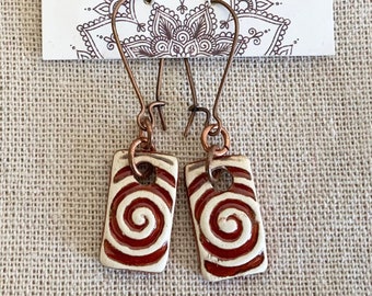 Crimson Swirl Plank Earrings-Kim O'Hara Designs-Ceramic Jewelry