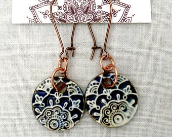 Blue Mandala Earrings-Kim O'Hara Designs-Ceramic Jewelry