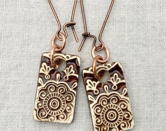 Root Beer Brown Mandala Earrings-Kim O'Hara Designs-Ceramic Jewelry