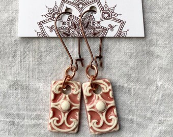Dusty Rose Ornate Earrings-Kim O'Hara Designs-Ceramic Jewelry