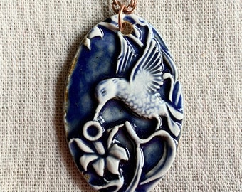 Blue Hummingbird Necklace-Ceramic Jewelry - Kim O'Hara Designs