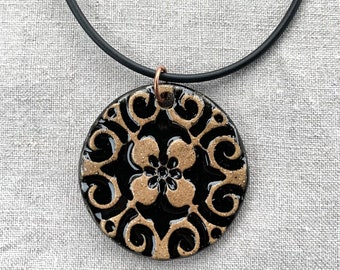 Large Black Ornate Flower Medallion Necklace-Kim OHara Designs-Ceramic Jewelry