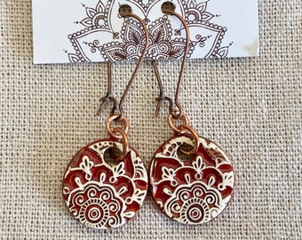 Crimson Mandala Earrings-Kim O'Hara Designs-Ceramic Jewelry