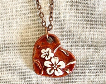 Crimson Flower Heart Necklace-Kim OHara Designs-Ceramic Jewelry