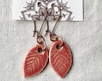 Dusty Rose Leaf Earrings-Kim O'Hara Designs-Ceramic Jewelry