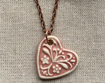 Dusty Rose Folk Art Heart Necklace-Kim OHara Designs-Ceramic Jewelry