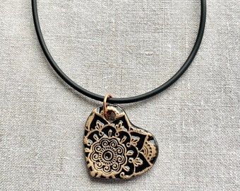 Black Mandala Heart Necklace-Kim OHara Designs-Ceramic Jewelry