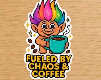 Rainbow Troll Coffee Sticker - Waterproof Vinyl (3.5" Tall)