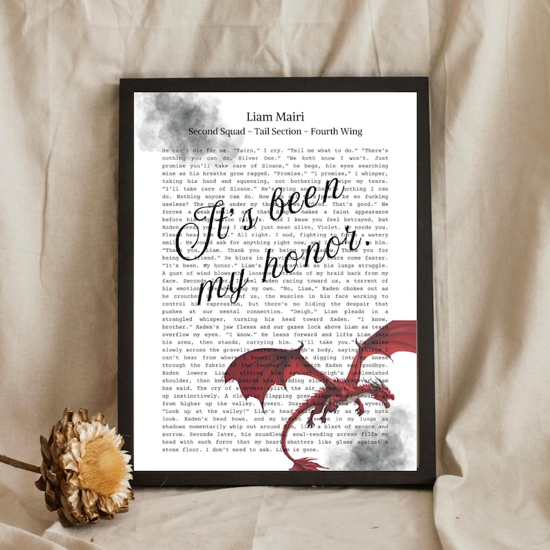 May include: A framed print featuring a literary excerpt titled Liam Mairi, Second Squad - Tail Section - Fourth Wing. The text includes the phrase It's been my honor in black script, overlaid on a page of printed prose with a red dragon illustration.