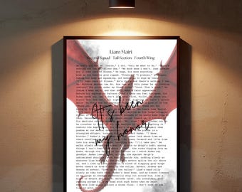 May include: A rectangular wall art print featuring a red dragon silhouette overlaid on a white background with black text. The text includes the names Liam Mairi, Second Squad, Tail Section, Fourth Wing, and the handwritten phrase It's been my honor.