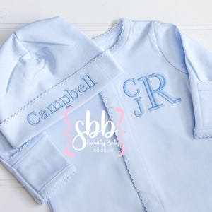 Baby Boy Coming Home Outfit, Monogrammed Romper, Personalized Baby Gift, Monogrammed Footie, Blue Picot, Newborn Footie,