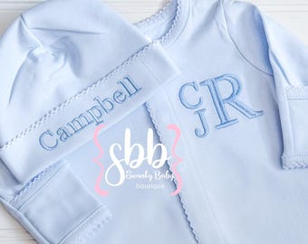 Baby Boy Coming Home Outfit, Monogrammed Romper, Personalized Baby Gift, Monogrammed Footie, Blue Picot, Newborn Footie,