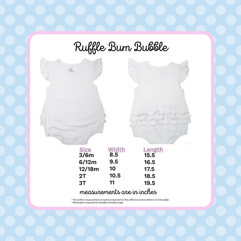 Puede incluir: Un body blanco para beb&eacute; con un trasero con volantes y mangas cortas. El body tiene una tabla de tallas con medidas en pulgadas para las tallas 3/6m, 6/12m, 12/18m, 2T y 3T. El texto "Ruffle Bum Bubble" est&aacute; en la parte superior de la tabla.