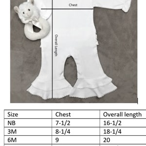 May include: Size chart for baby clothes, showing chest and overall length measurements in inches for sizes newborn to 24 months.