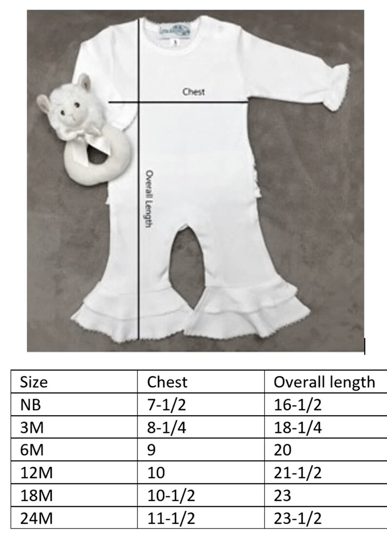 May include: Size chart for baby clothes, showing chest and overall length measurements in inches for sizes newborn to 24 months.