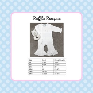 May include: White ruffle romper with a size chart showing chest and overall length measurements in inches. Sizes range from newborn to 24 months.
