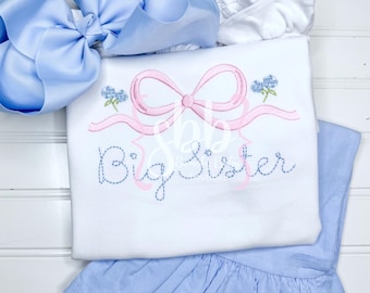 Big Sister Shirt, Little Sister Shirt, Ribbon Bow Shirt, Grandmillenial, Embroidery, Monogrammed Shirt, Ruffle Bubble, Floral, Hydrangeas