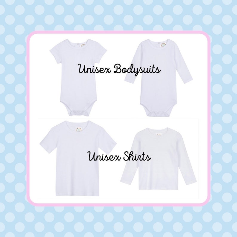 May include: Four white blank shirts, two short-sleeved and two long-sleeved, displayed on a white background. The text "Unisex Bodysuits" and "Unisex Shirts" is printed on the image.