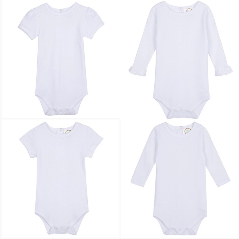 May include: Four white baby onesies, two with short sleeves and two with long sleeves. All onesies have a round neckline.