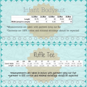 May include: A chart with size measurements for infant bodysuits and ruffle tees. The chart lists sizes in months for bodysuits and in inches for ruffle tees. The chart includes measurements for length, width, chest width, and length.