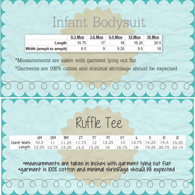 May include: A chart showing size measurements for infant bodysuits and ruffle tees. The chart lists sizes in months for bodysuits and in inches for ruffle tees. The chart includes measurements for length, width, chest width, and length.