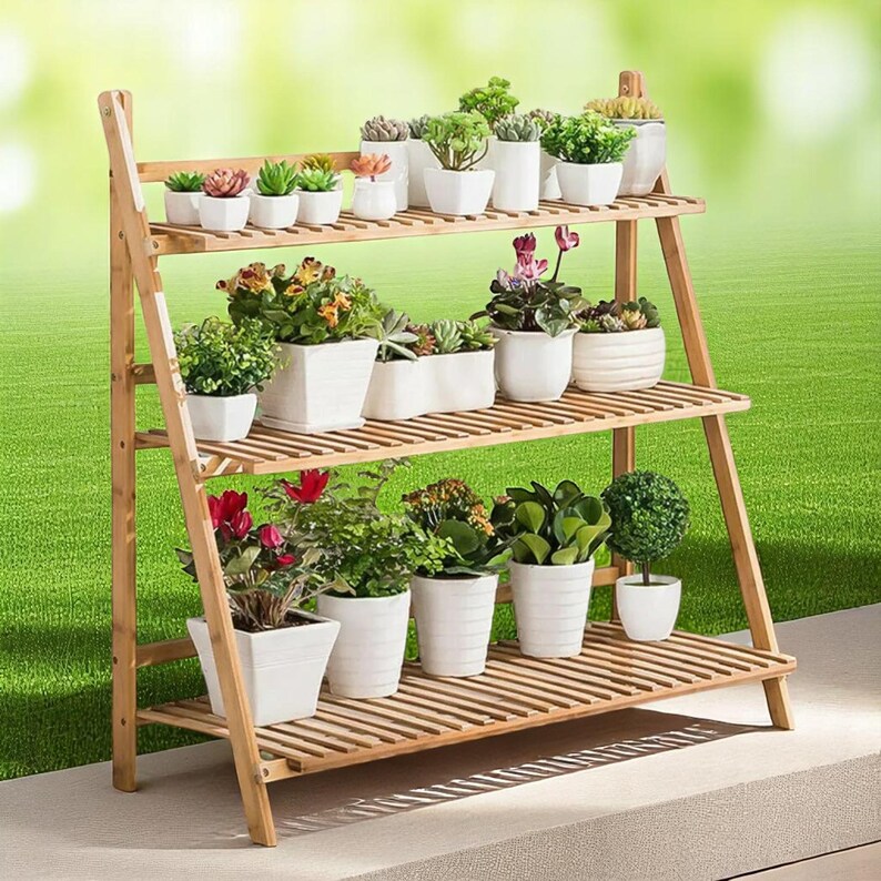 3-tier Wooden Plant Stand Outdoor Shelf Ladder Rack, Folding Display ...