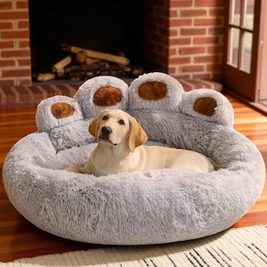 Ultra Soft Paw-Shaped Dog Bed / Cozy Plush Cushion for Small to Large Dogs / Fluffy Washable Pet Bed with Anti-Slip Bottom