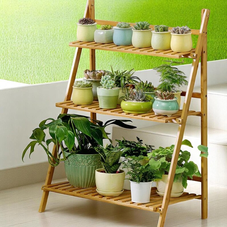 3-tier Wooden Plant Stand Outdoor Shelf Ladder Rack, Folding Display ...
