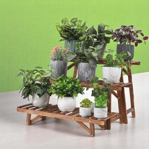 3-stufiges freistehendes Leiterregal - Rustikaler Holzblumenständer für den Innenbereich und Außenbereich, Gartenterrasse-Pflanzenregal & Organizer-Geschenk