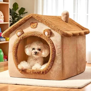 Caseta plegable de lujo para perros y camas para mascotas - Cómoda caseta para gatos - Caseta de interior de felpa con cojín extraíble - Caseta lavable para perros y gatos