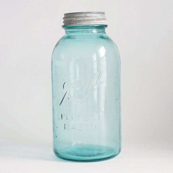Vintage Ball Perfect Mason Jar: 2 Qt. Blue Ball Jar, Zinc & Porcelain Lid, Dropped A "2L" Logo, Made 1910 to 1923, Blue-Green Aqua Glass