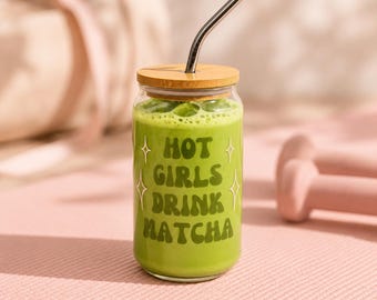 Hot Girls Drink Matcha Glass Cup, Matcha Lover Gift, Pilates Girl Tumbler, 16oz Iced Coffee Cup with Bamboo Lid & Straw, Wellness Aesthetic
