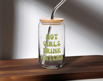 Hot Girls Drink Matcha Glass Cup, 16oz Iced Coffee Tumbler with Straw