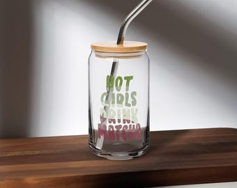 Hot Girls Drink Matcha Glass Cup, Iced Coffee Tumbler with Lid & Straw, Aesthetic Matcha Cup, Cute Gift for Her