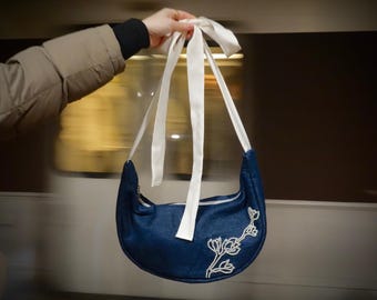 Handmade Denim Shoulder Bag with Adjustable Bow Handle – Beaded Embroidery Purse