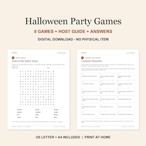 Può includere: Un download digitale di giochi per feste di Halloween con 8 giochi, una guida per l'ospite e le risposte. Il documento include un cruciverba intitolato Lost in the letter maze e una lista di mimi intitolata Unquiet charades, in formato A4.