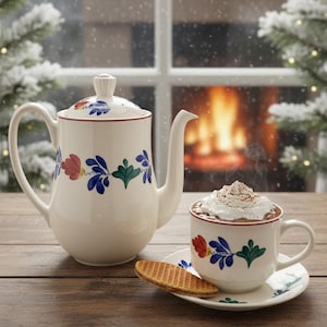 Può includere: Un set di teiera e tazza in ceramica bianca con un design floreale rosso, blu e verde. La tazza è piena di cioccolata calda e ricoperta di panna montata. Un biscotto a cialda è sul piattino.