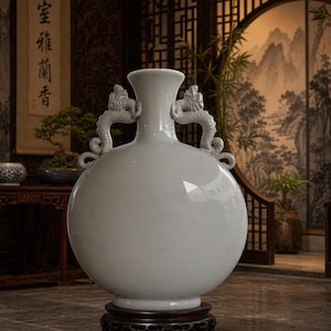 Può includere: Un vaso in ceramica bianca lucida con corpo sferico e collo stretto. Il vaso presenta due manici simmetrici a forma di draghi stilizzati, ciascuno con dettagli intricati. Poggia su una base circolare in legno scuro con piedi intagliati.