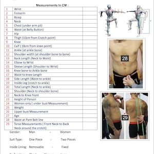 May include: A form for taking measurements in centimeters for motorcycle leather suits. The form includes a diagram of a person with numbered points for taking measurements. The form also includes a table with a list of measurements and a space for the rider's name.