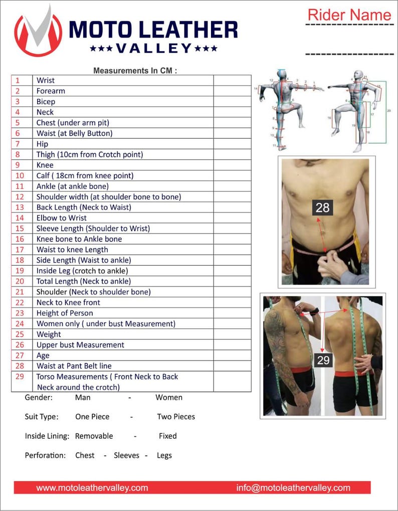 May include: A form for taking measurements in centimeters for motorcycle leather suits. The form includes a diagram of a person with numbered points for taking measurements. The form also includes a table with a list of measurements and a space for the rider's name.