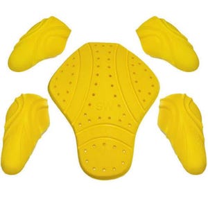 May include: A set of yellow motorcycle armor pads. The pads are designed to protect the chest, back, elbows, and shoulders. The pads are made of a soft, flexible material and have a breathable design.
