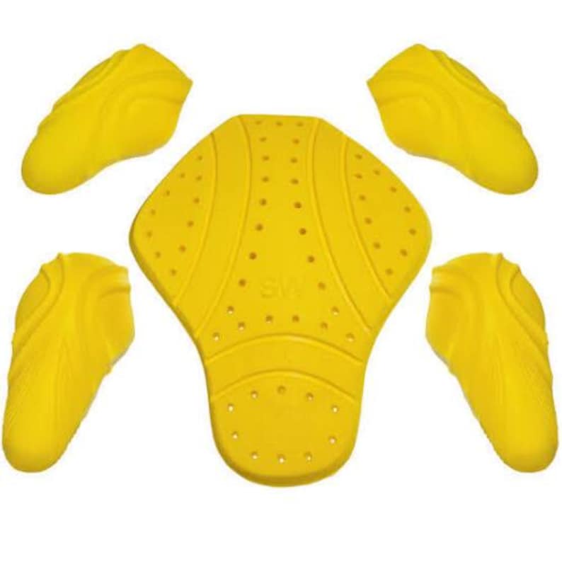 May include: A set of yellow motorcycle armor pads. The pads are designed to protect the chest, back, elbows, and shoulders. The pads are made of a soft, flexible material and have a breathable design.